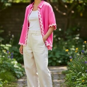 Aninewear Pink Ric Rac Trim Button Up Top Collared Barbiecore Blouse Size S